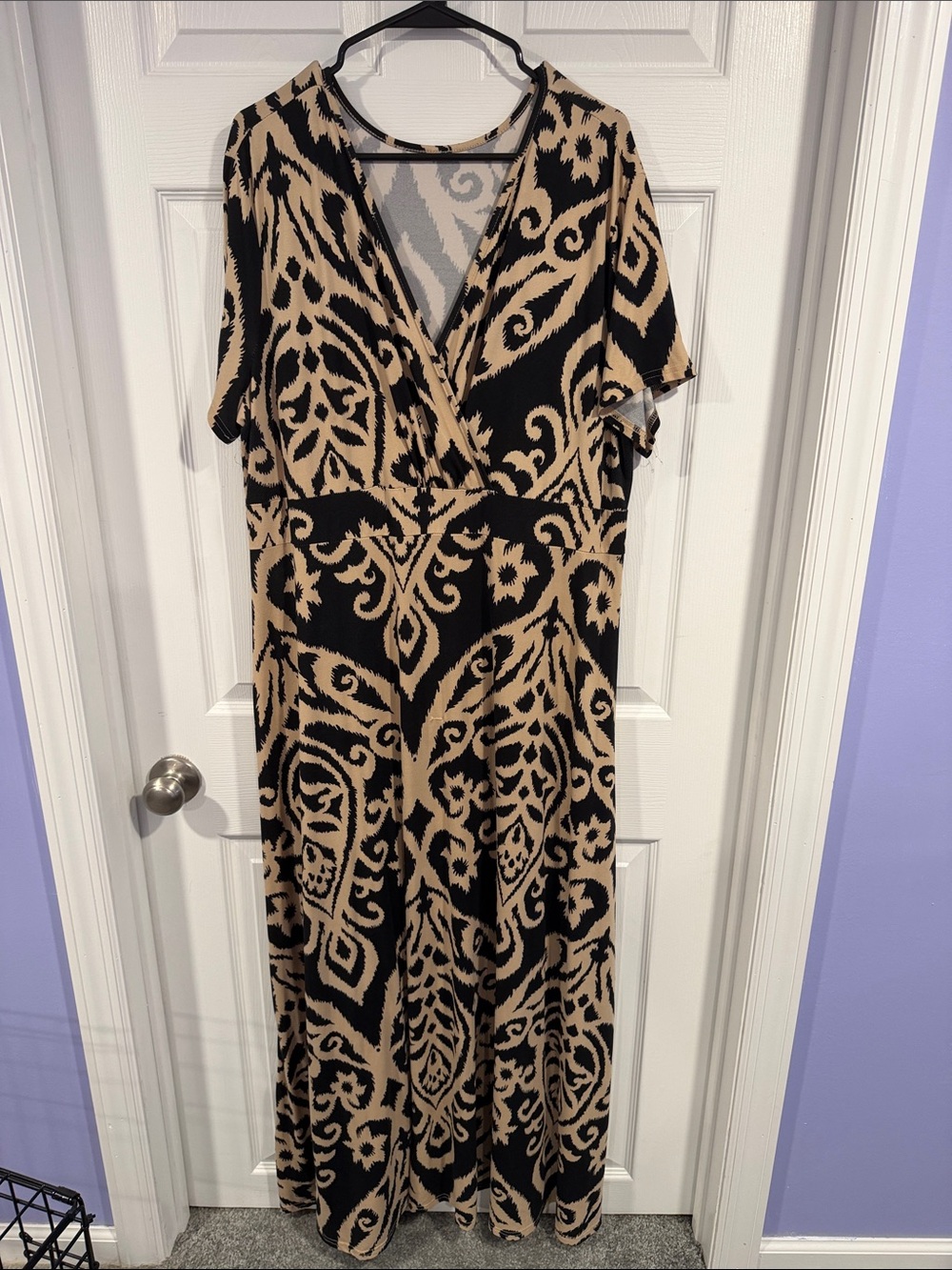 Black and Beige Printed V-Neck Maxi Dress
